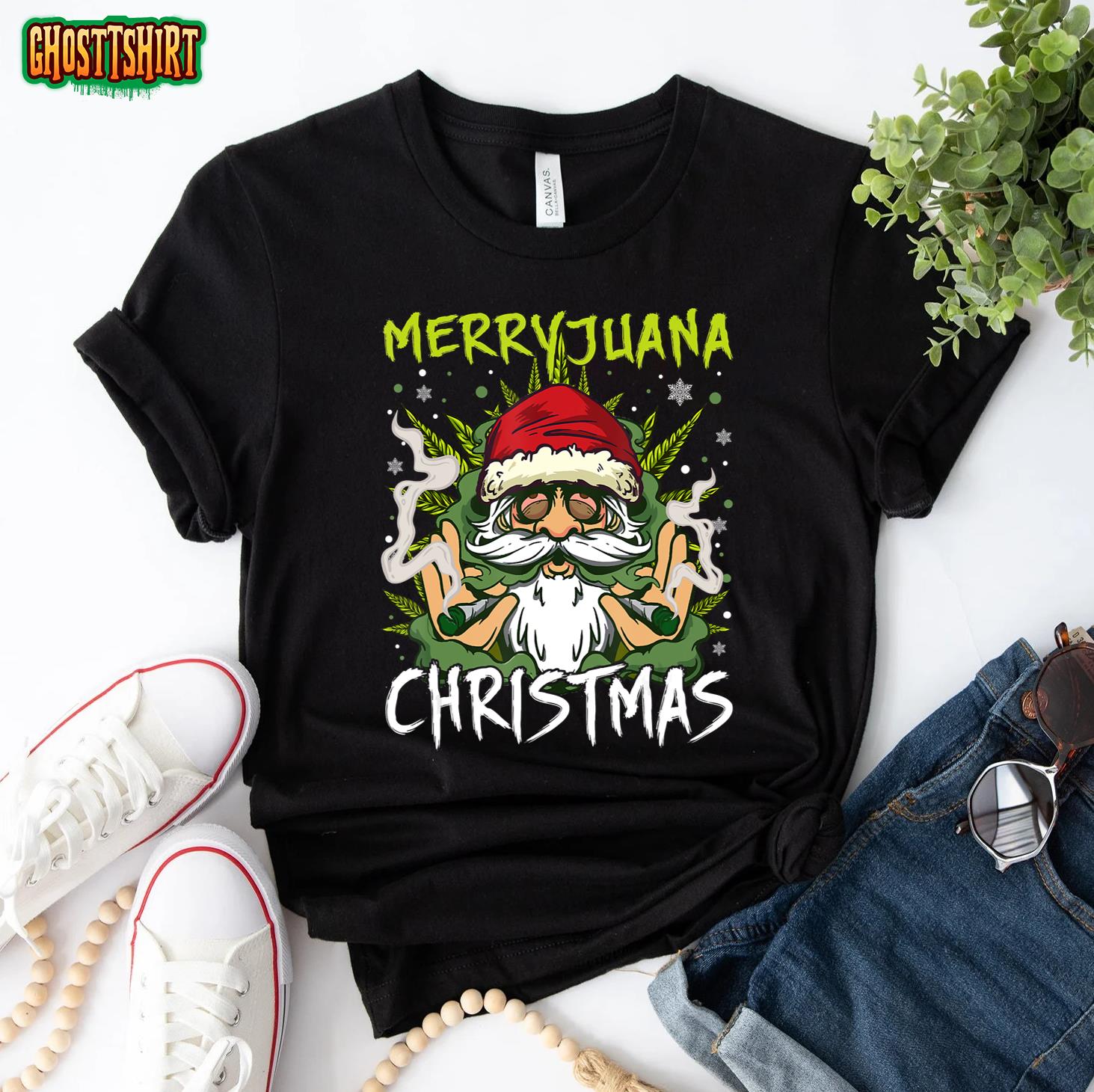 Santa Smoking Merrijuana Christmas Funny Weed T-Shirt