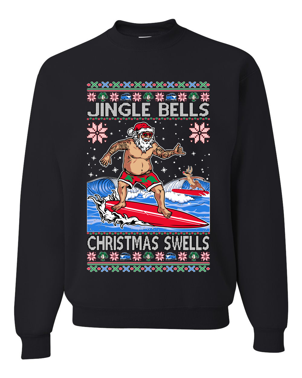 Santa Surfing Jingle Bells Christmas Swells Ugly Christmas Sweater Unisex Crewneck Graphic Sweatshirt- Best Christmas Gifts 2023