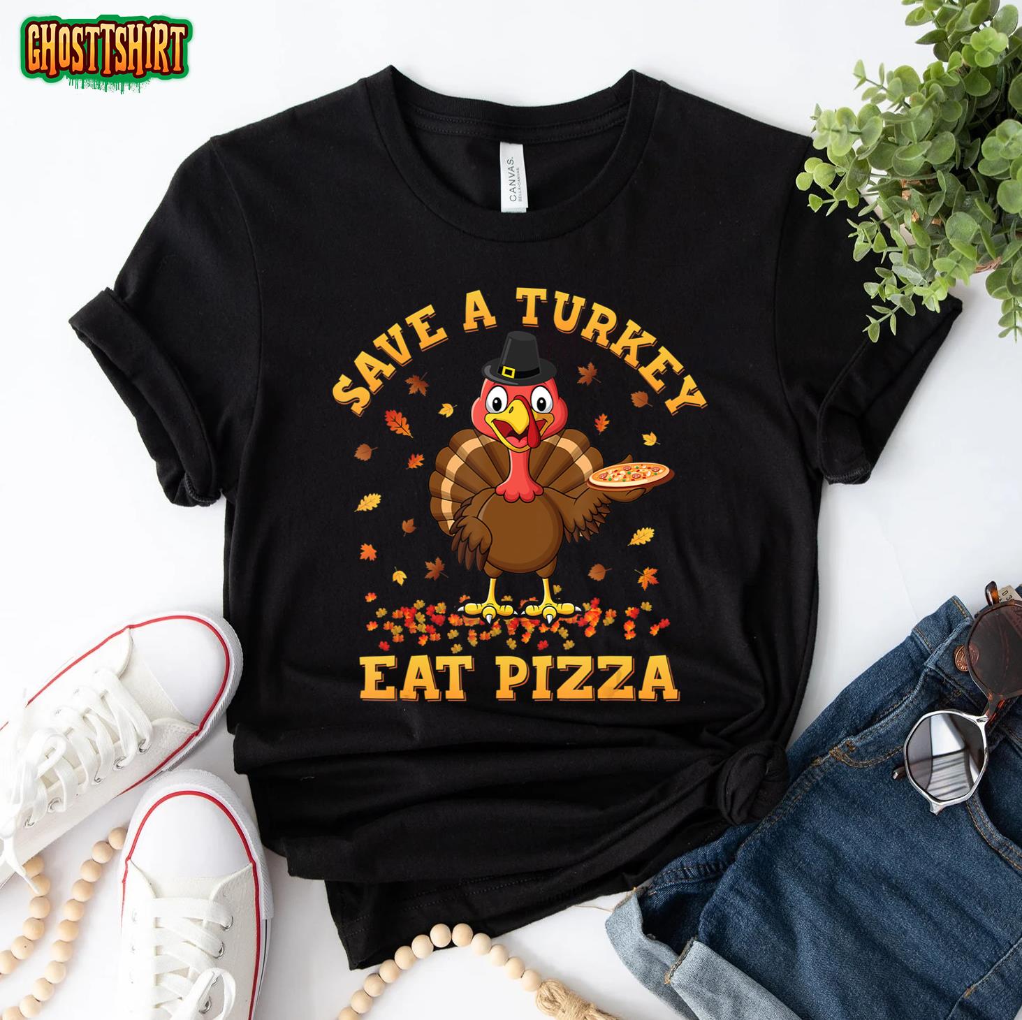 Save a Turkey Eat Pizza Thanksgiving Kids Adult Vegan T-Shirt