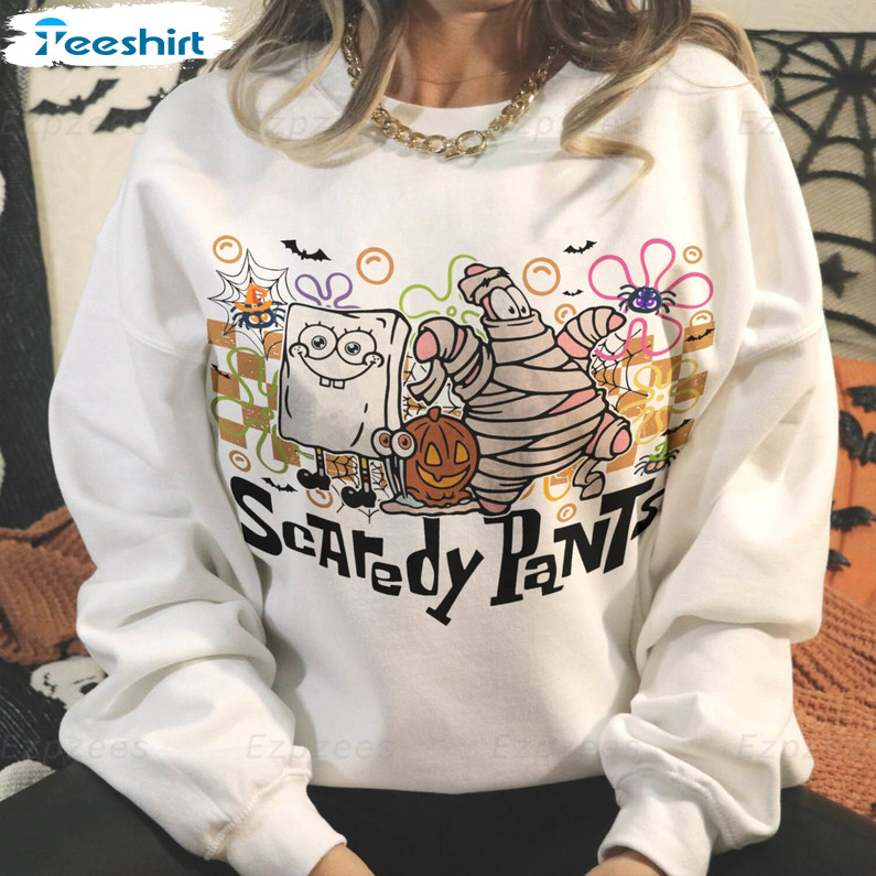 Scaredy Pants Trendy Shirt, Spooky Halloween Cartoon Short Sleeve Tee Tops