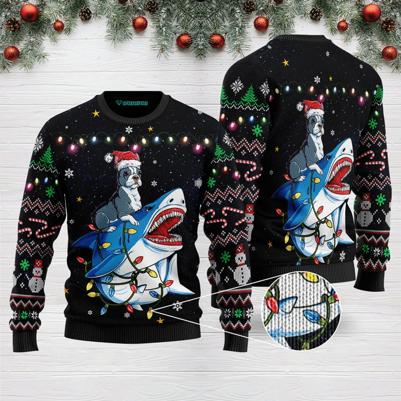 Shark Boston Terrier Ugly Christmas Sweater | For Men & Women | Adult | US3135- Best Christmas Gifts 2023