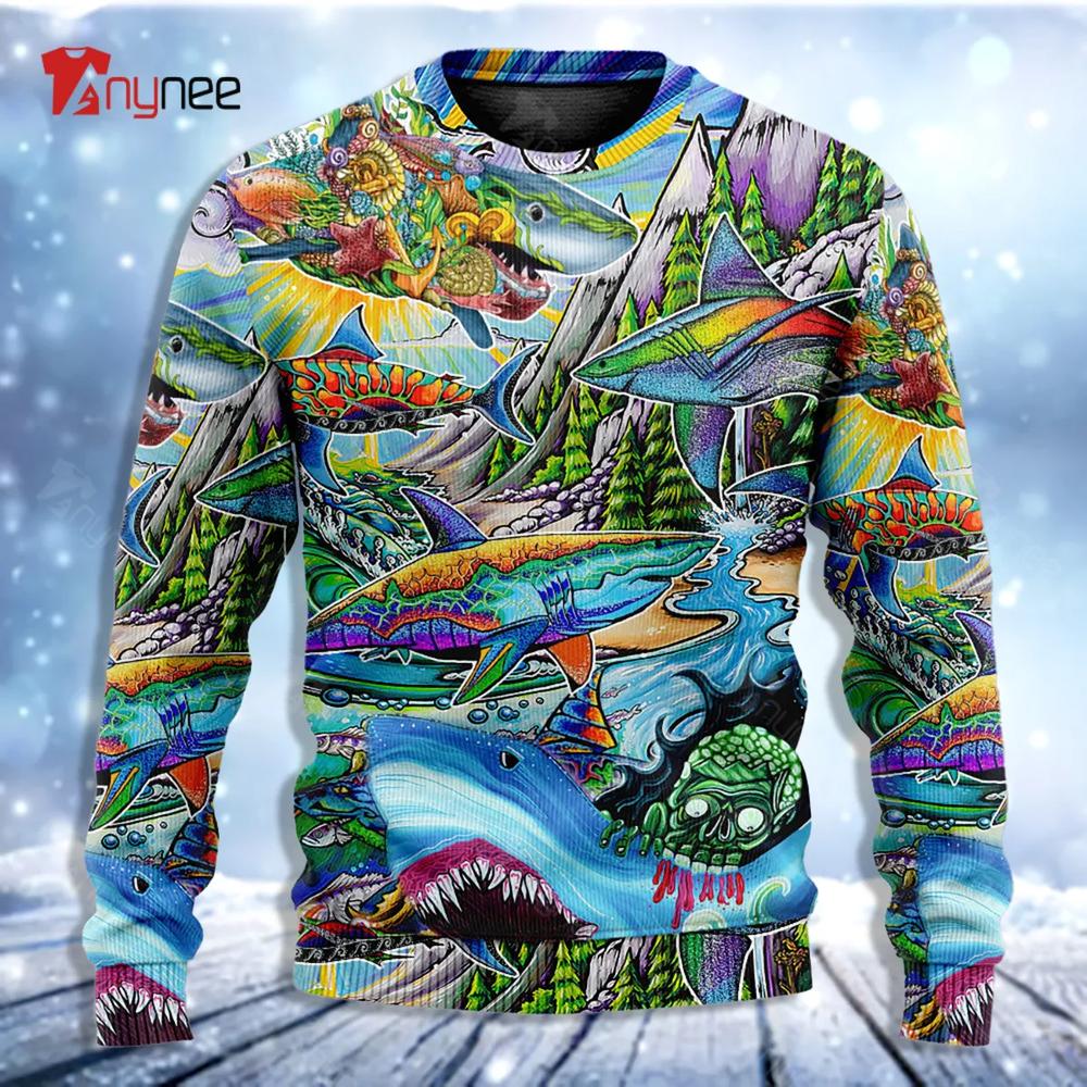 Shark Hippie Colorful Art Peace Ugly Christmas Sweater- Best Christmas Gifts 2023