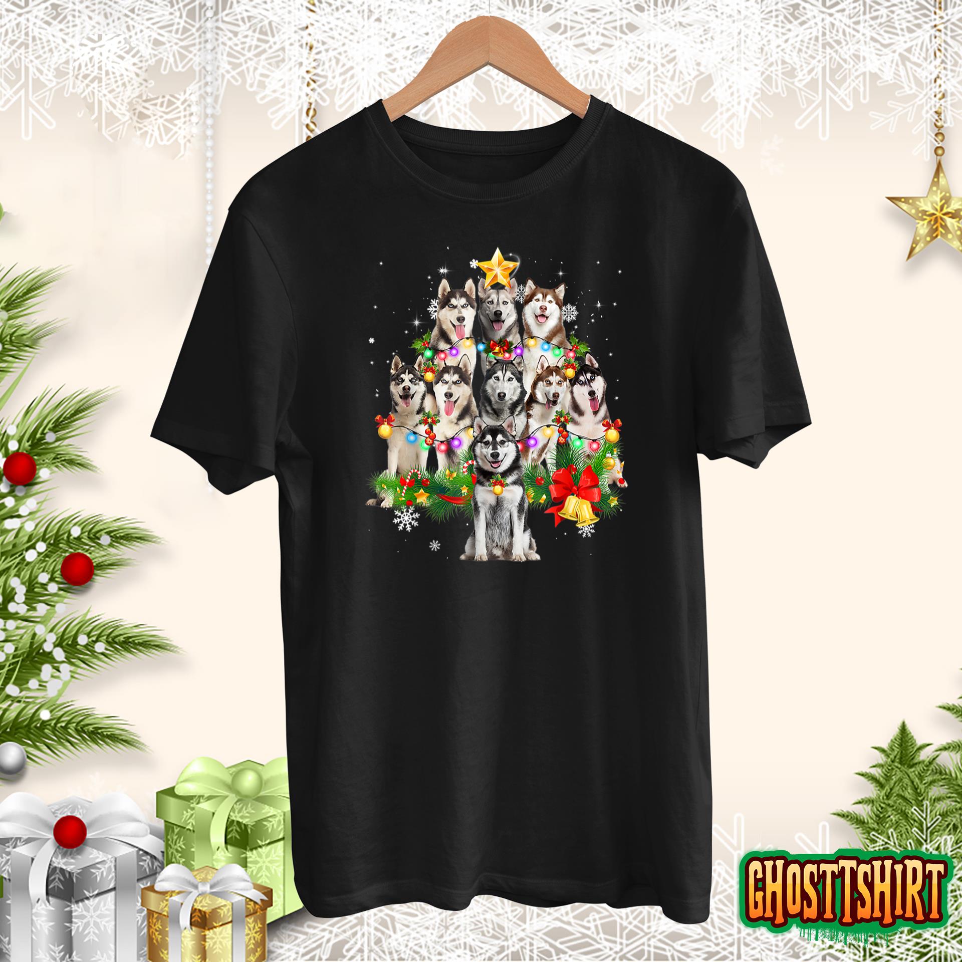 Siberian Husky Christmas Tree Dog Lights Pajamas Xmas Gift T-Shirt