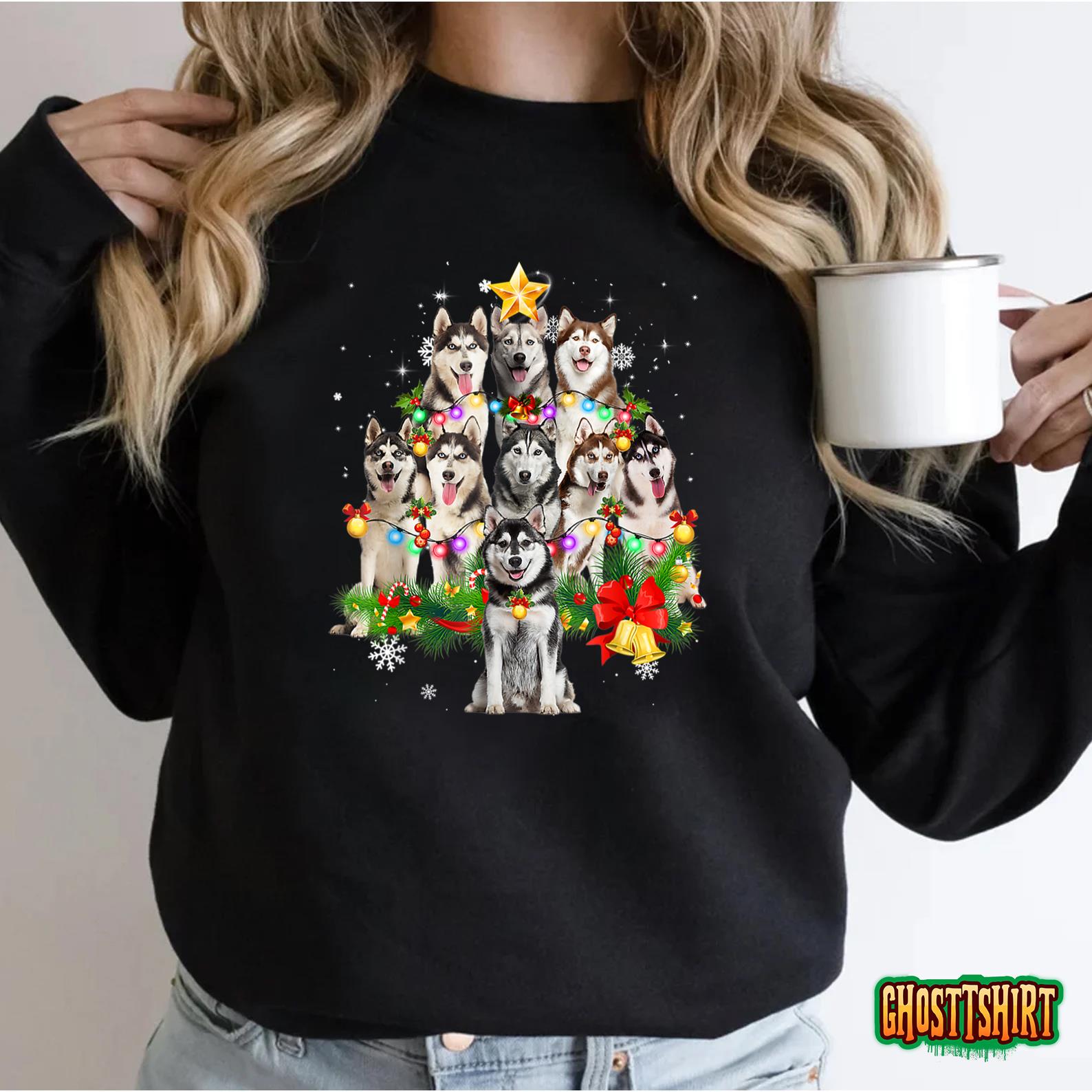 Siberian Husky Christmas Tree Dog Lights Pajamas Xmas Gift T-Shirt