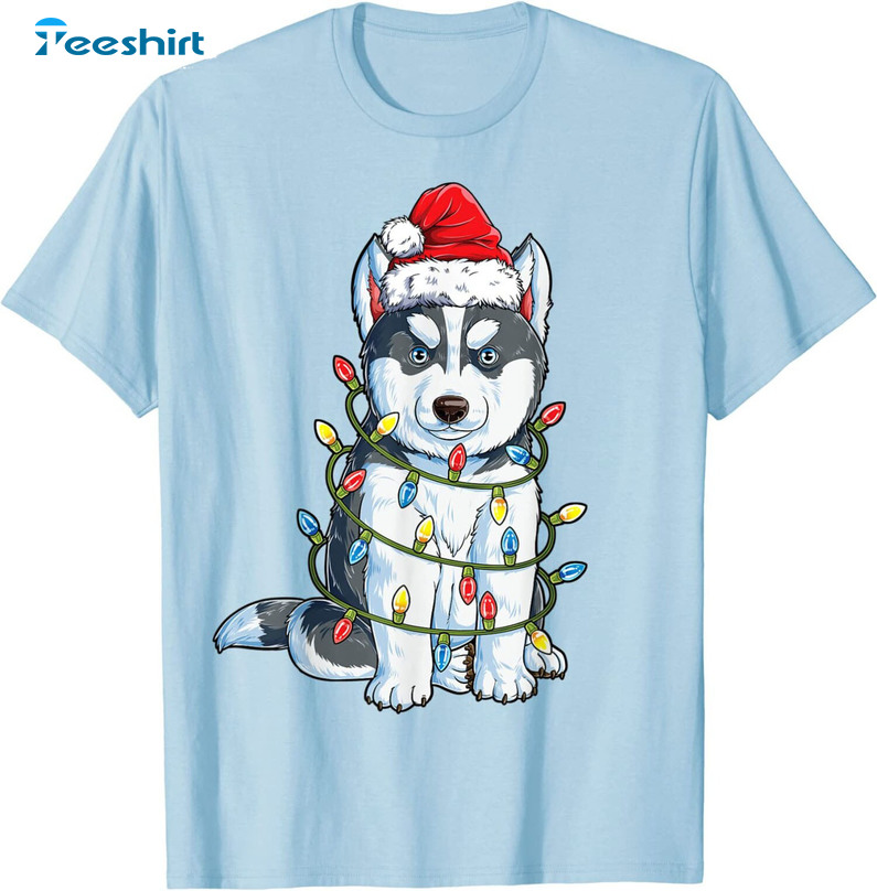 Siberian Husky Santa Christmas Shirt, Xmas Lights Tee Tops Unisex Hoodie