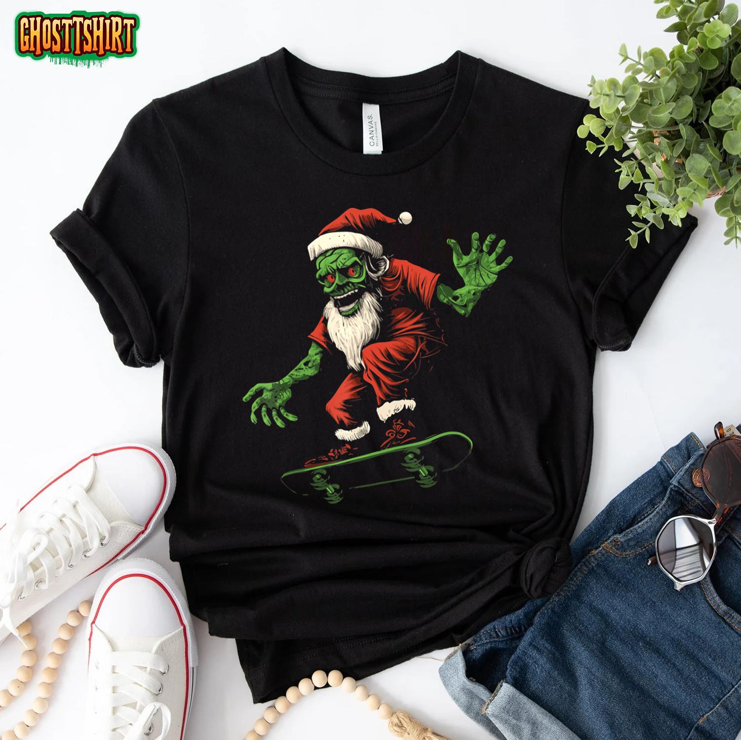 Skater Christmas Skateboarding Santa T-Shirt