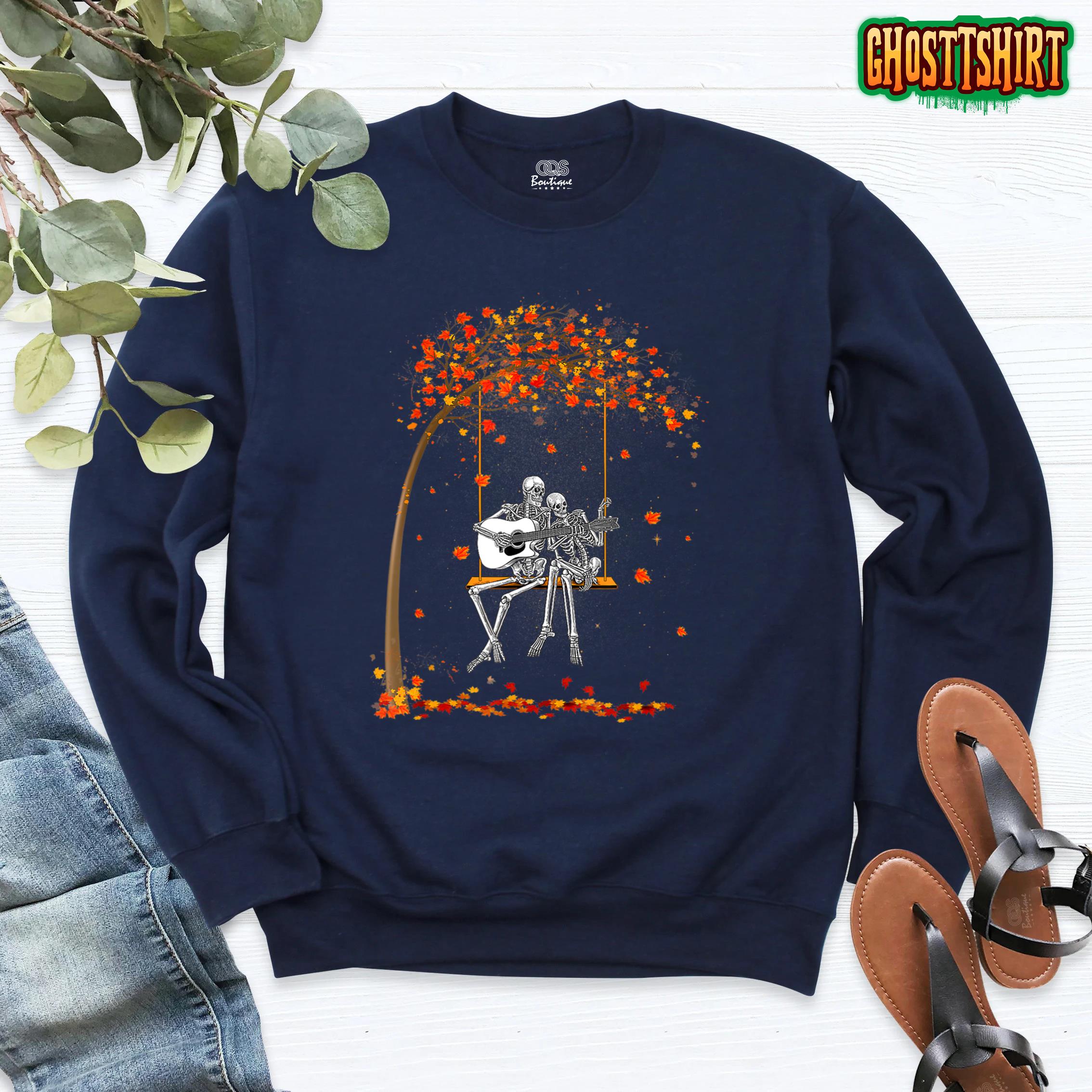 Skeleton Couple Rock On Autumn Tree Swing Playing Guitar Sweatshirt