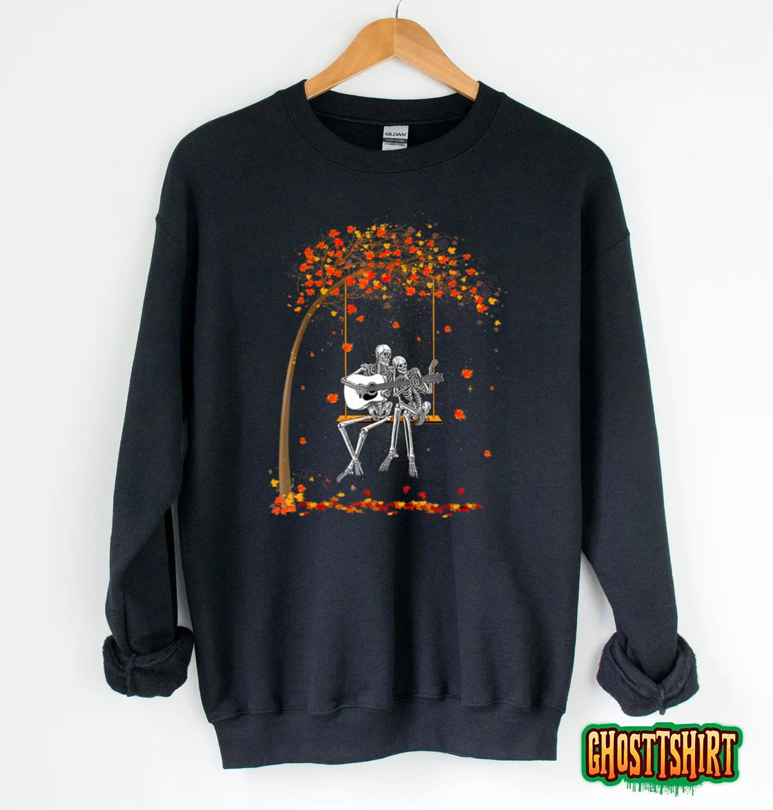 Skeleton Couple Rock On Autumn Tree Swing Playing Guitar Sweatshirt