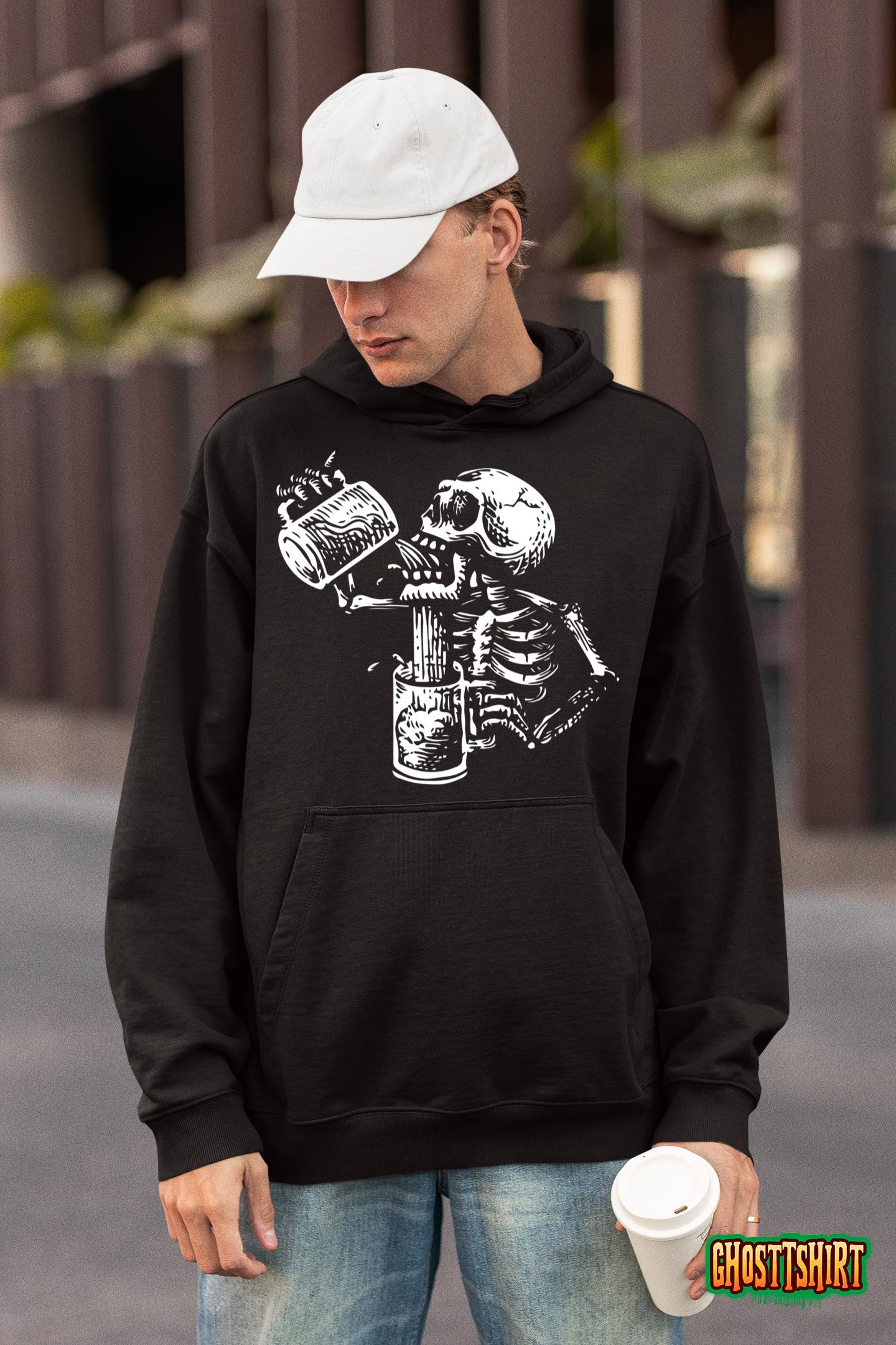 Skeleton Drinking Lazy Halloween Costume Cool Skull Bones Hoodie