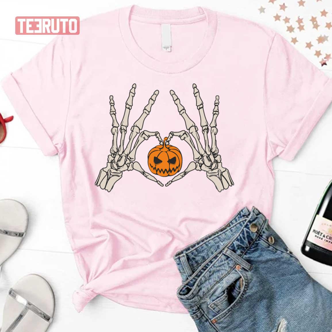 Skeleton Hand Heart Shape Bones And Pumpkin Halloween Unisex T-Shirt