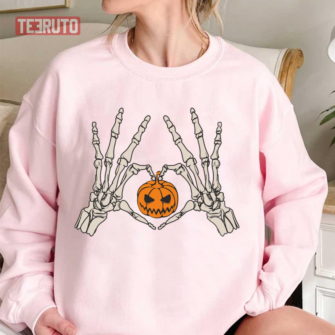 Skeleton Hand Heart Shape Bones And Pumpkin Halloween Unisex T-Shirt