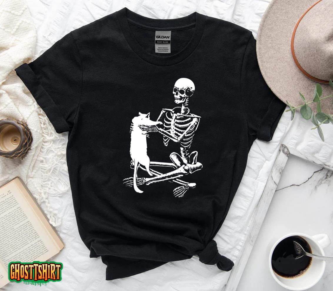 Skeleton Holding A Cat Shirt Lazy Halloween Costume Skull T-Shirt