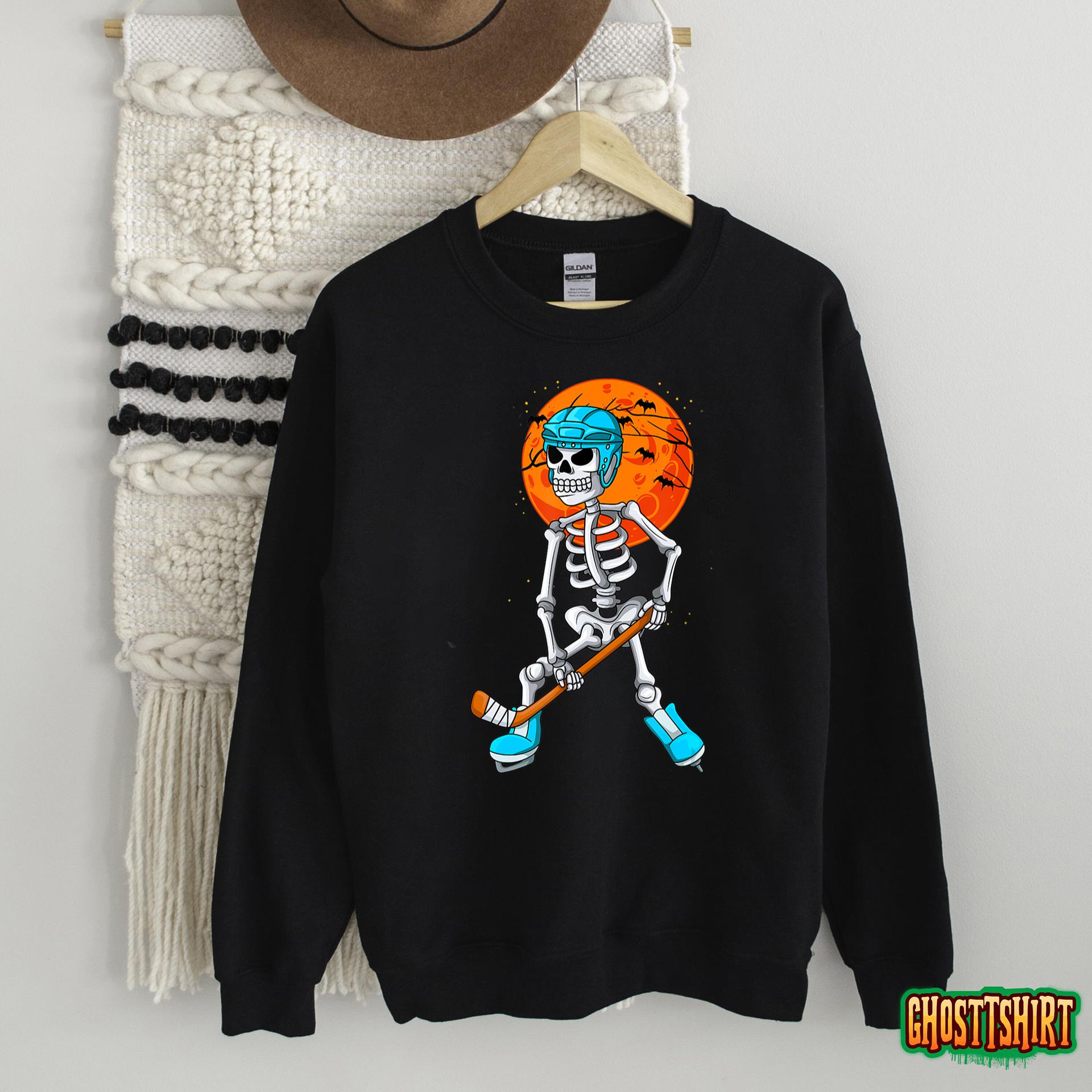 Skeleton ice hockey lover Halloween Costume skates Halloween T-Shirt