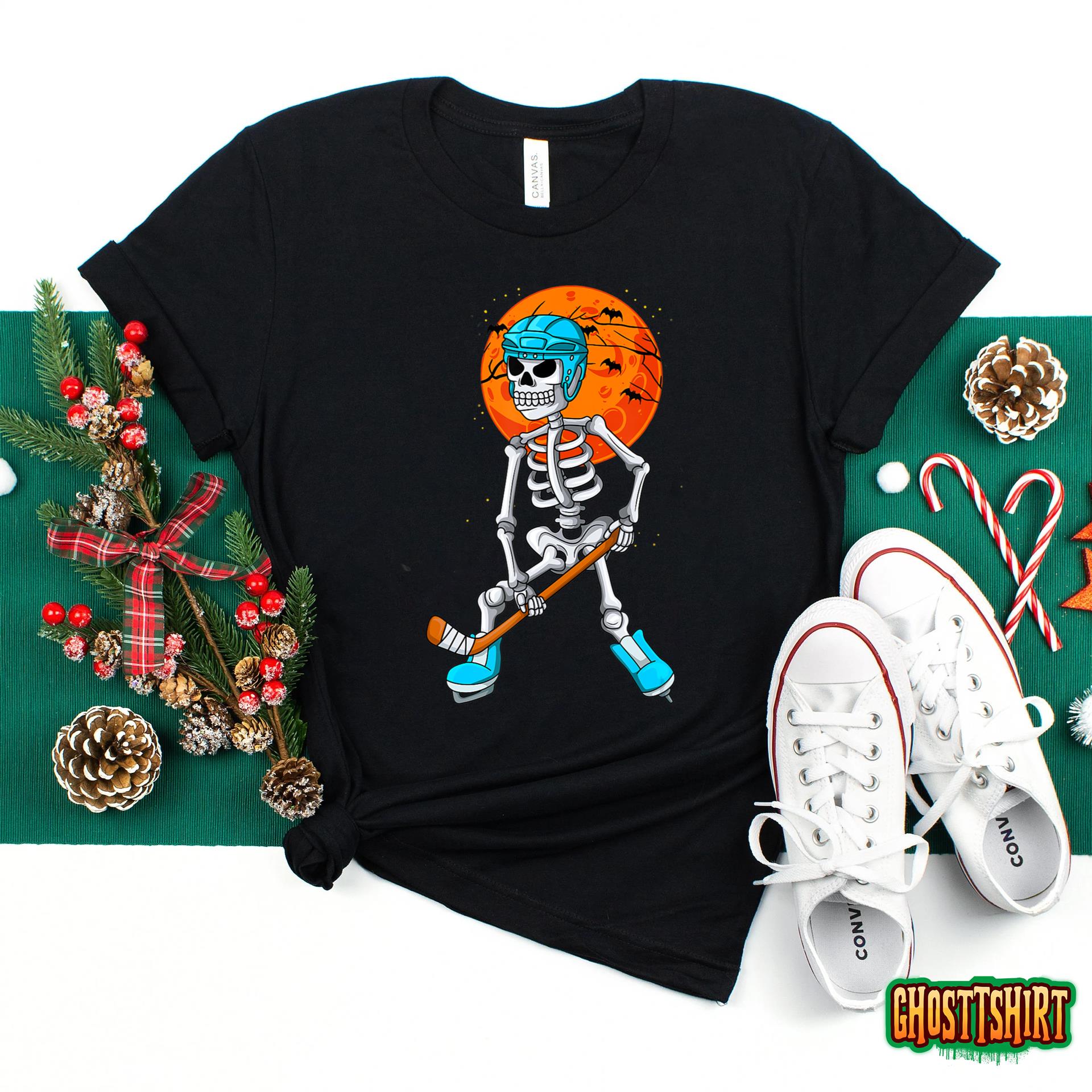 Skeleton ice hockey lover Halloween Costume skates Halloween T-Shirt