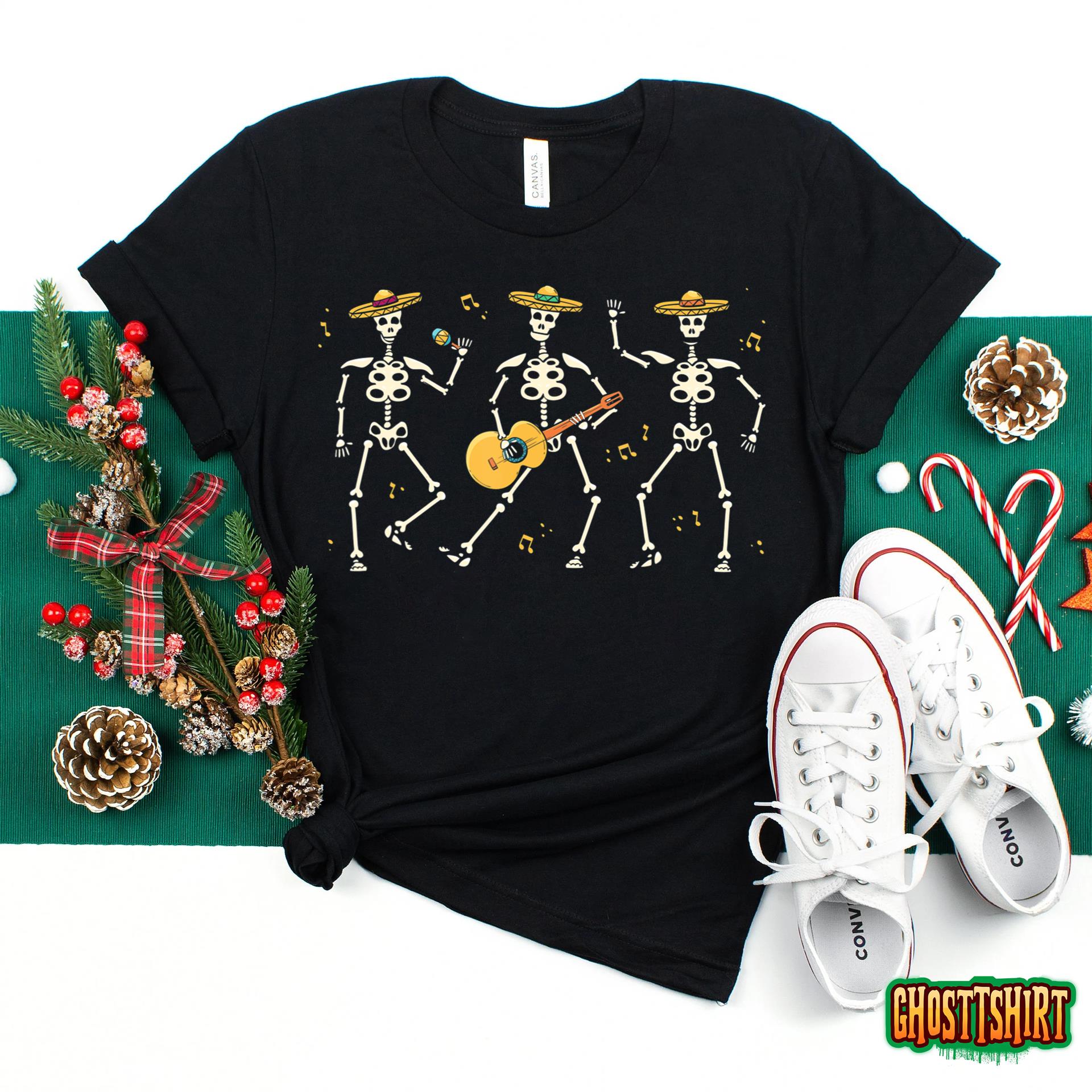 Skeleton Mariachi Lazy Halloween Costume Mexican Hat Guitar T-Shirt