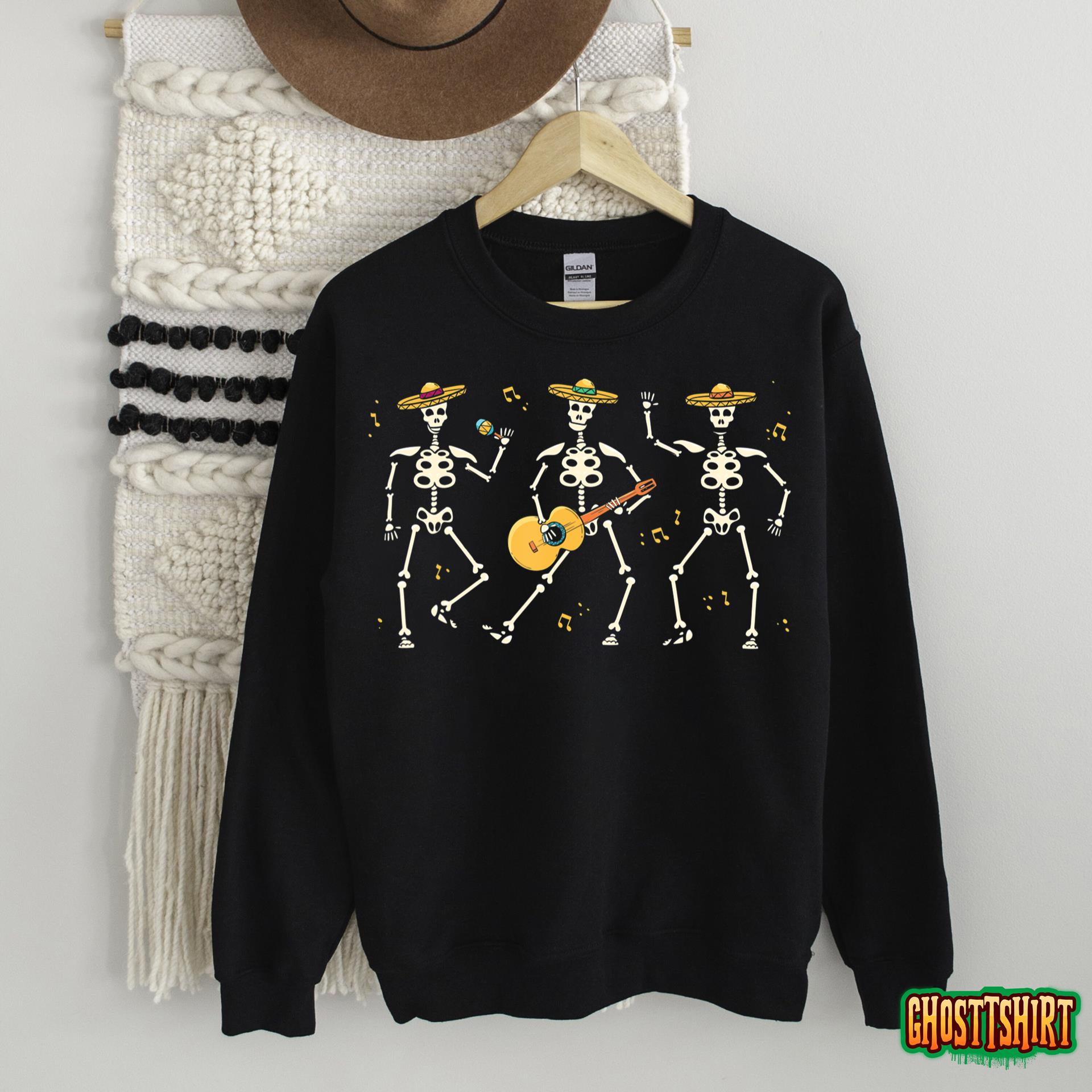 Skeleton Mariachi Lazy Halloween Costume Mexican Hat Guitar T-Shirt