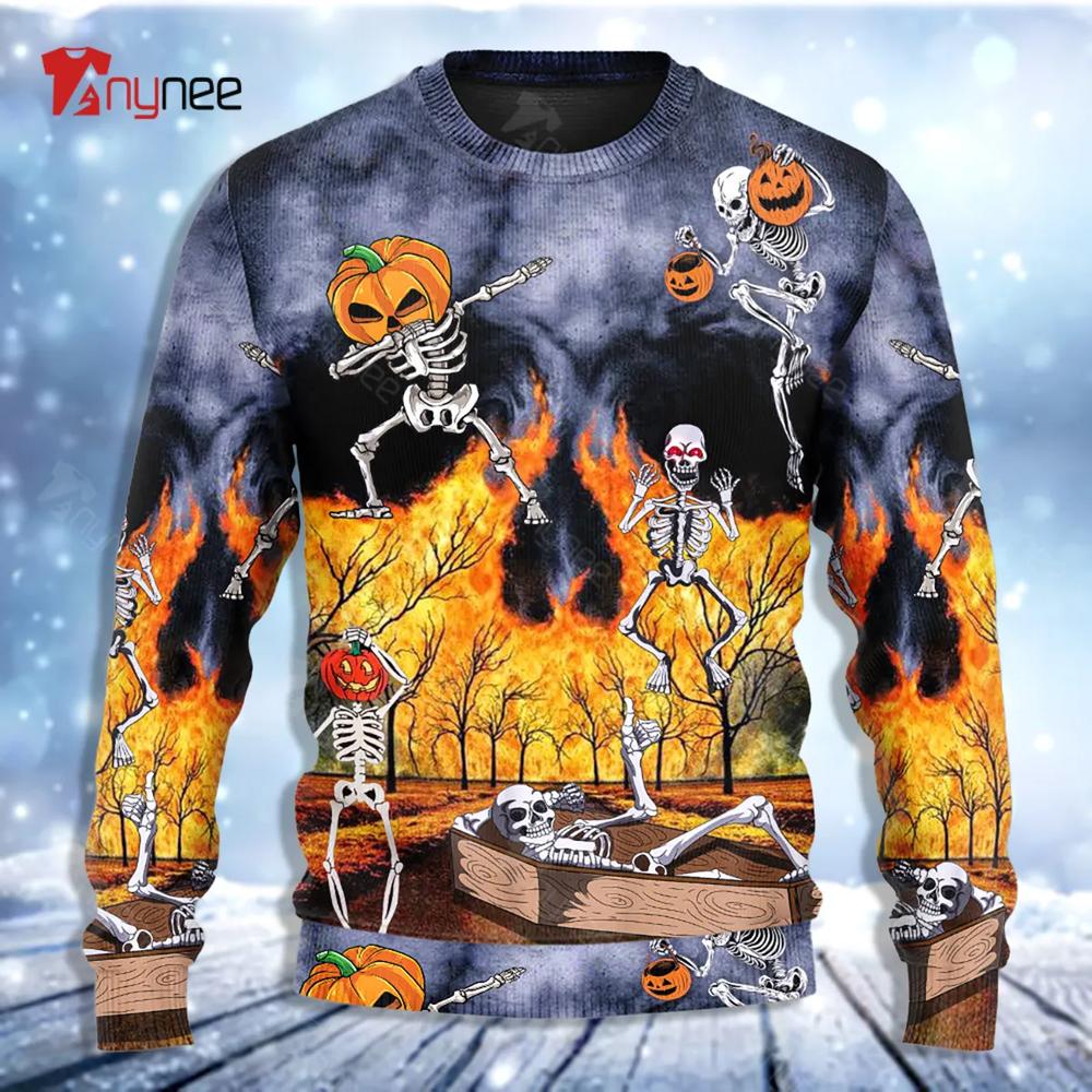 Skeleton Party Pumpkin Burning Scary Ugly Christmas Sweater- Best Christmas Gifts 2023