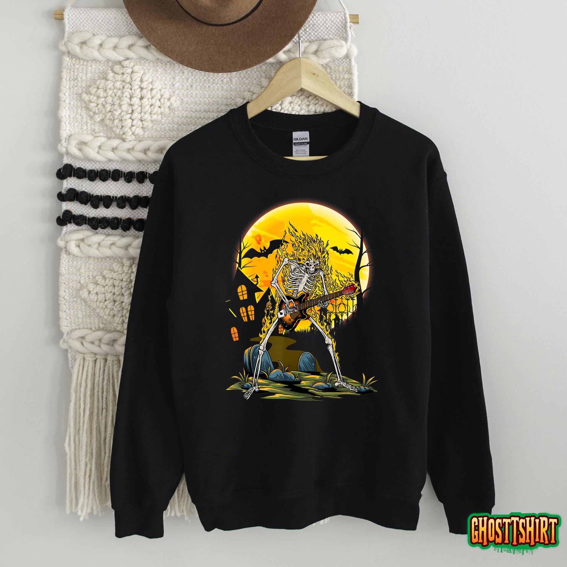 Skeleton Playing Guitar Electric Acoustic Halloween Costume T-Shirt