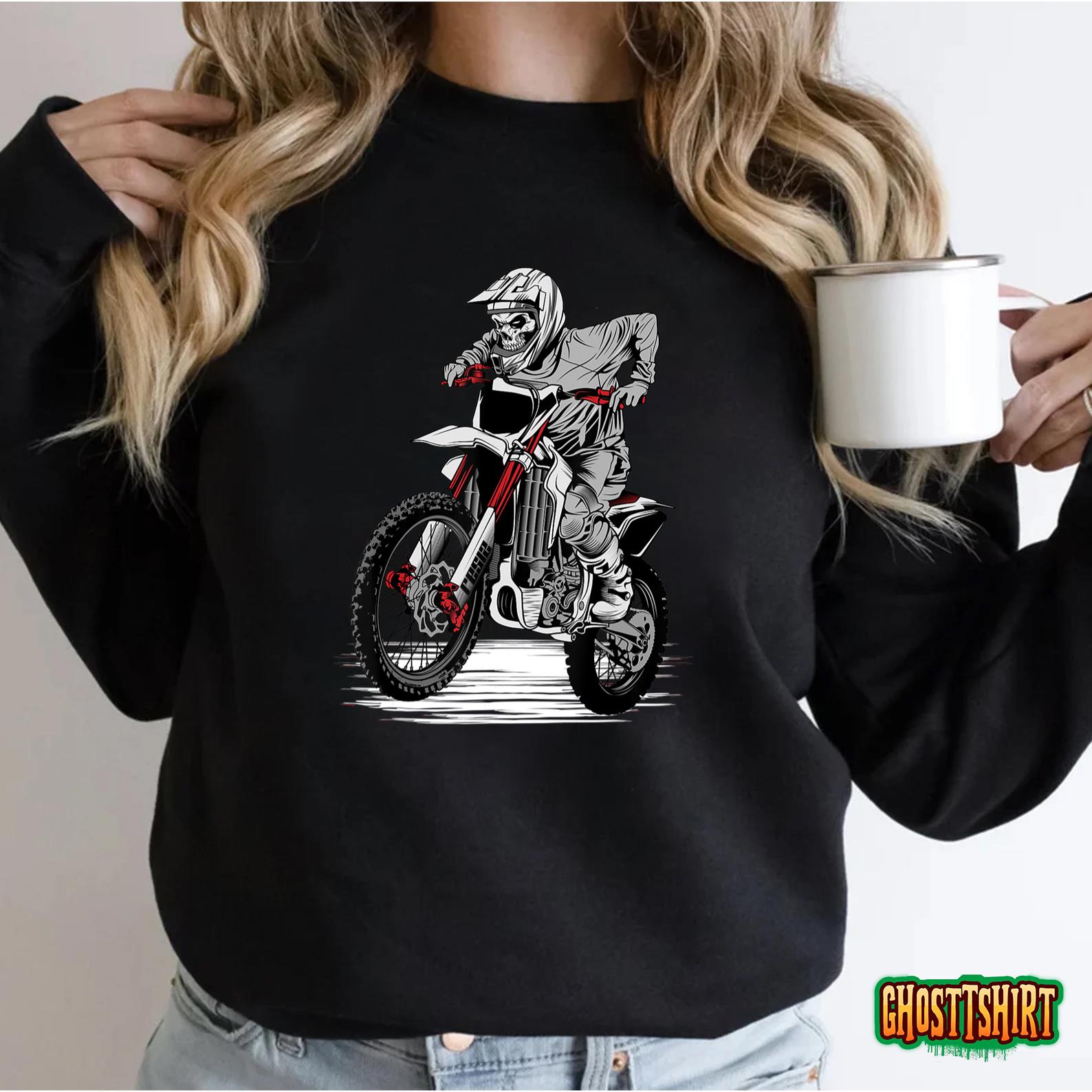 Skeleton Riding Dirt Bike Lazy Halloween Costume Motorcycle T-Shirt