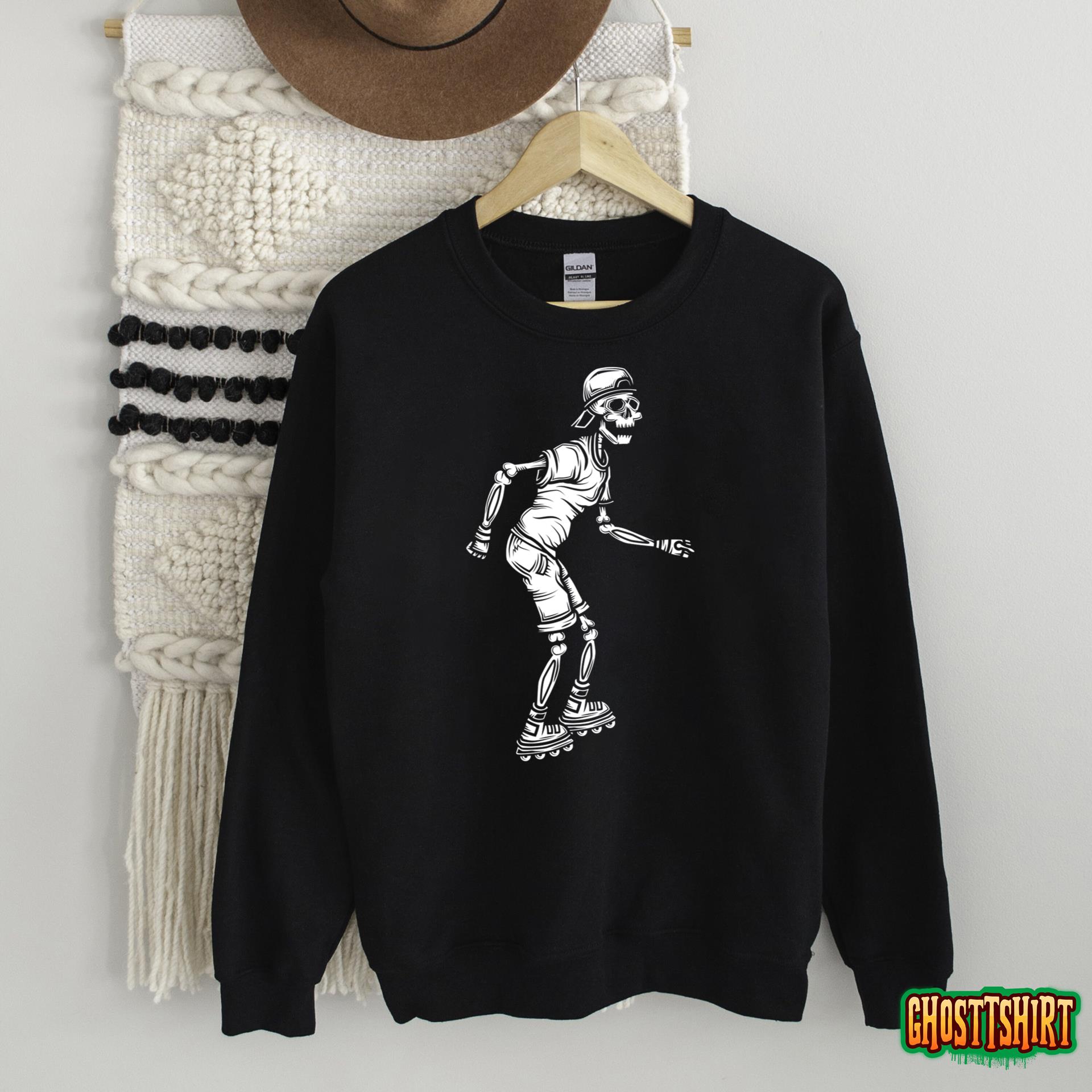 Skeleton Roller Skate Lazy Halloween Costume Skating Skater T-Shirt