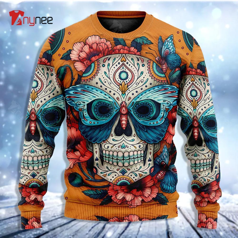 Skull And Butterfly Abstract Vintage Colorful Ugly Christmas Sweater- Best Christmas Gifts 2023