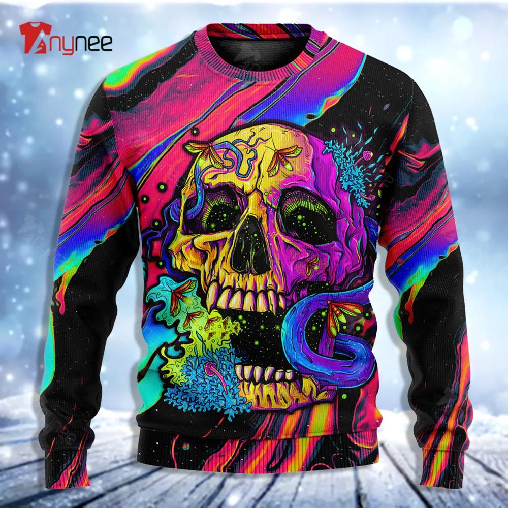 Skull And Moth Night Butterfly Neon Style Ugly Christmas Sweater- Best Christmas Gifts 2023