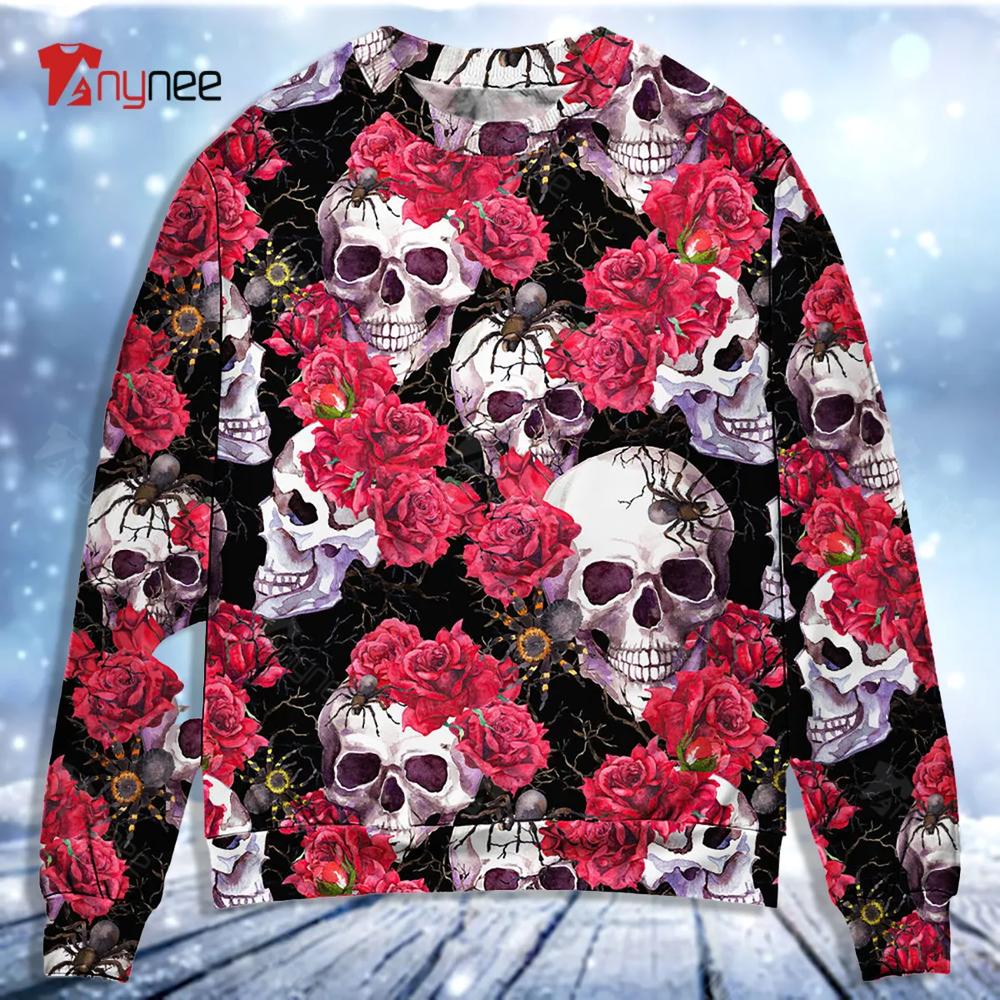 Skull And Roses With Spidy Ugly Christmas Sweater- Best Christmas Gifts 2023