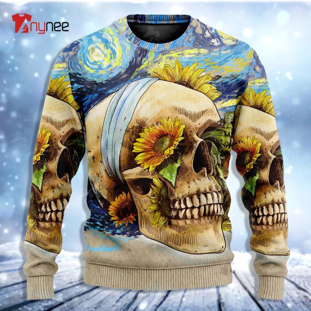 Skull And Sunflower Vintage Amazing Starry Night Ugly Christmas Sweater- Best Christmas Gifts 2023