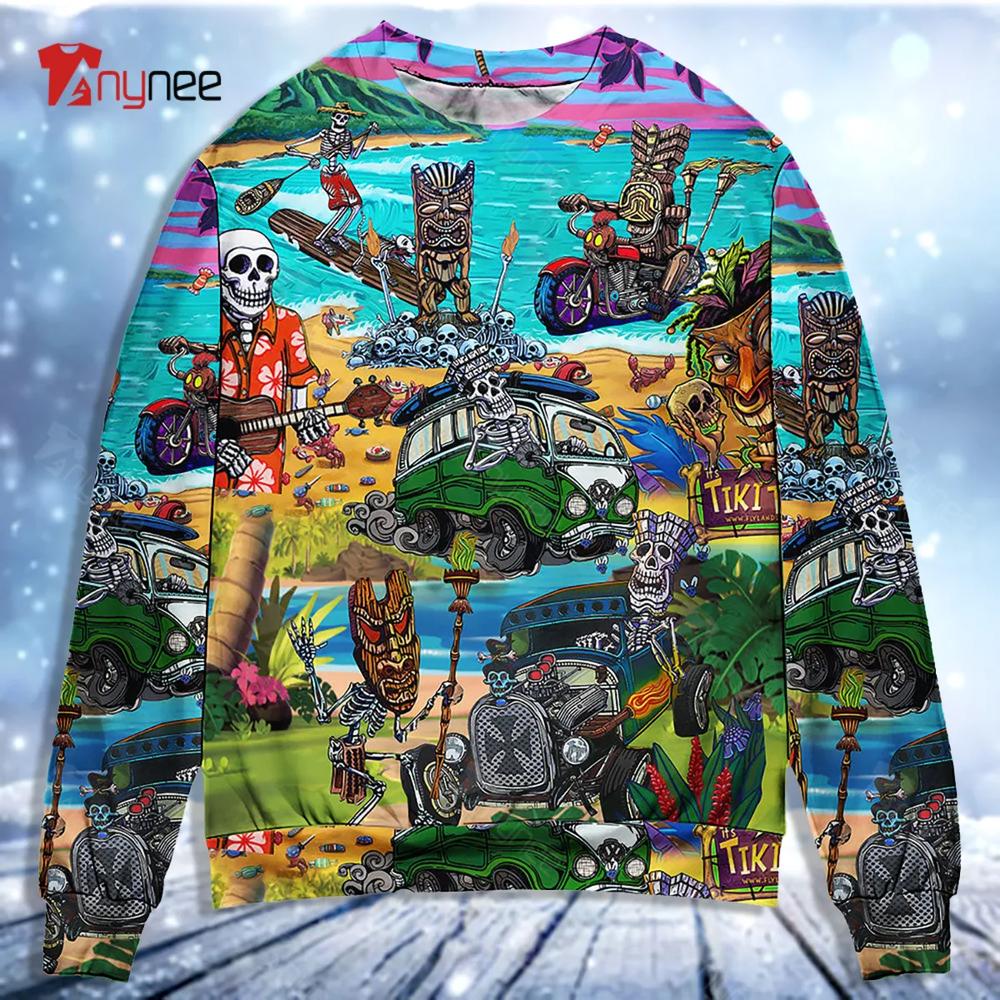 Skull And Tiki Summer Vibe Ugly Christmas Sweater- Best Christmas Gifts 2023