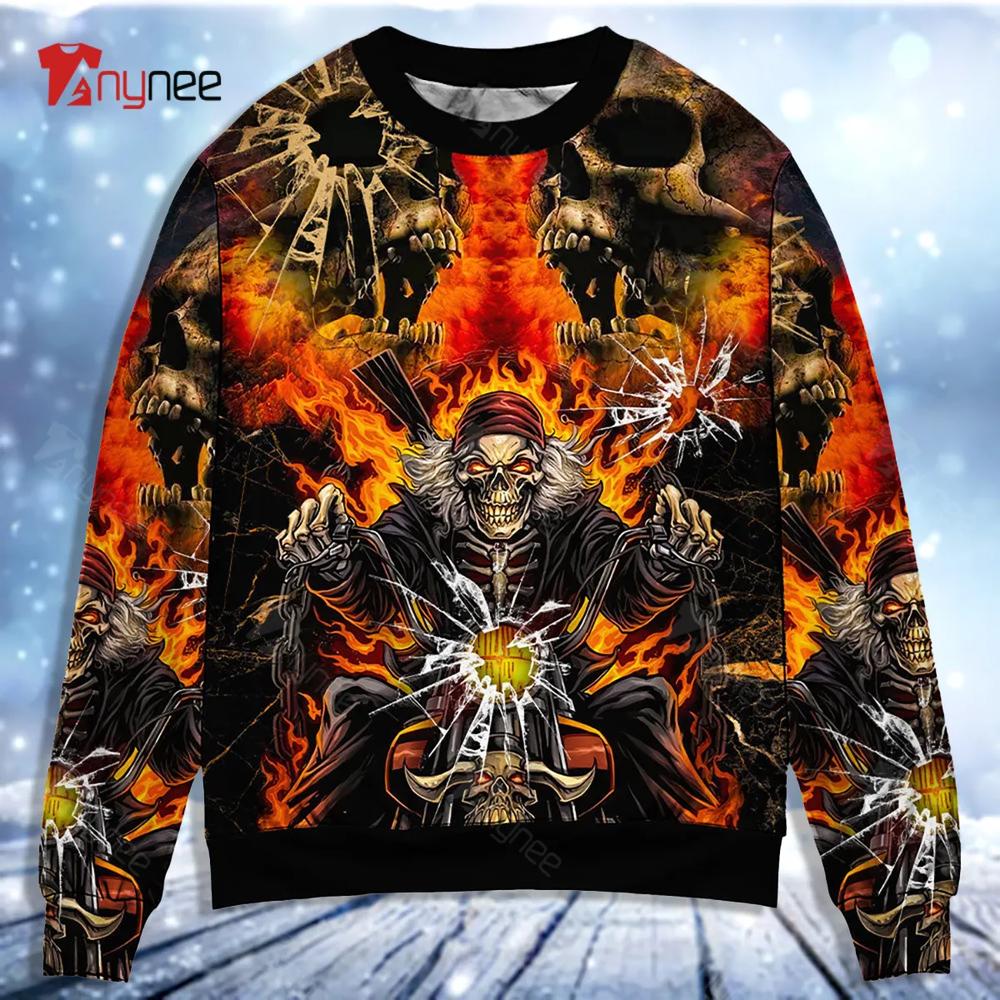 Skull Biker Crazy Art Style Ugly Christmas Sweater- Best Christmas Gifts 2023