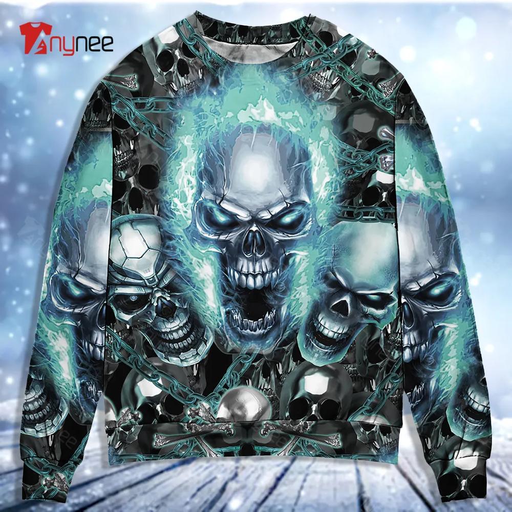 Skull Blue Flame Screaming Ugly Christmas Sweater- Best Christmas Gifts 2023