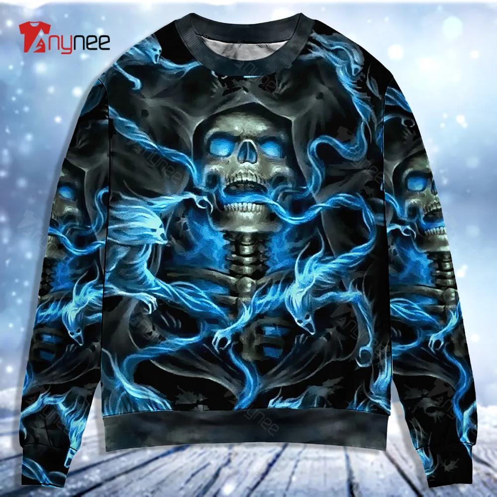 Skull Blue Smoke Flaming Ugly Christmas Sweater- Best Christmas Gifts 2023