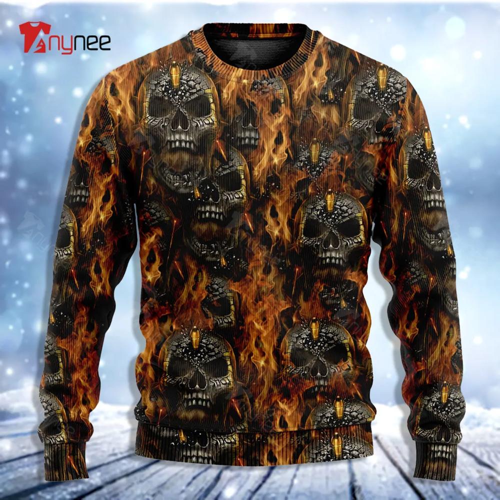 Skull Bullet Head Shot Fire Ugly Christmas Sweater- Best Christmas Gifts 2023