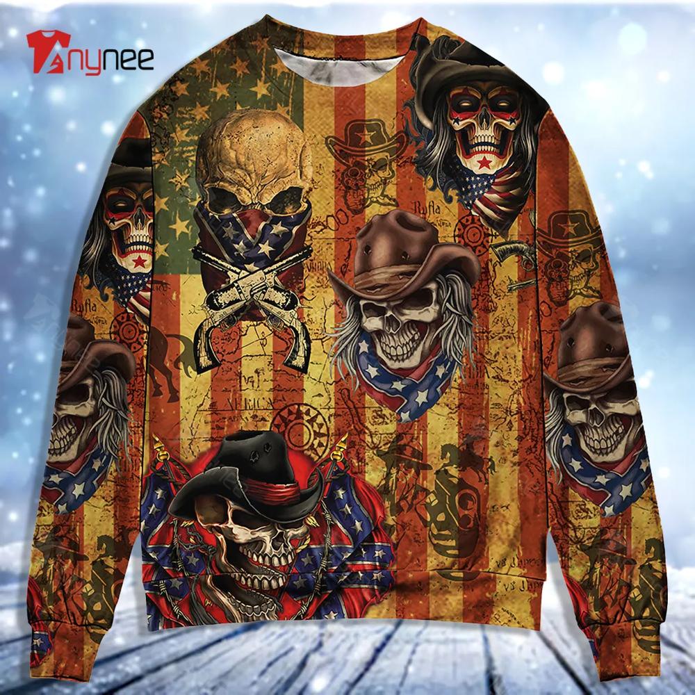 Skull Cowboy America Retro Ugly Christmas Sweater- Best Christmas Gifts 2023