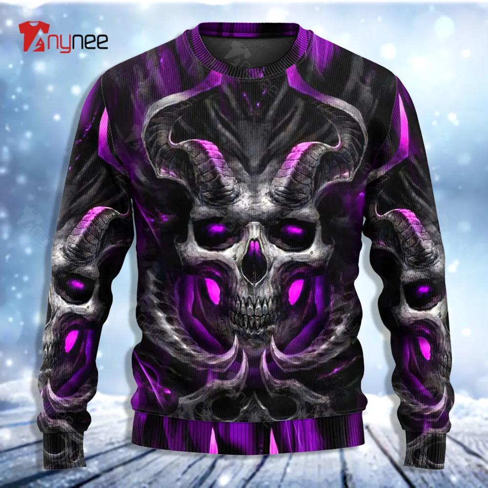 Skull Dark Purple Fire Lighting Ugly Christmas Sweater- Best Christmas Gifts 2023