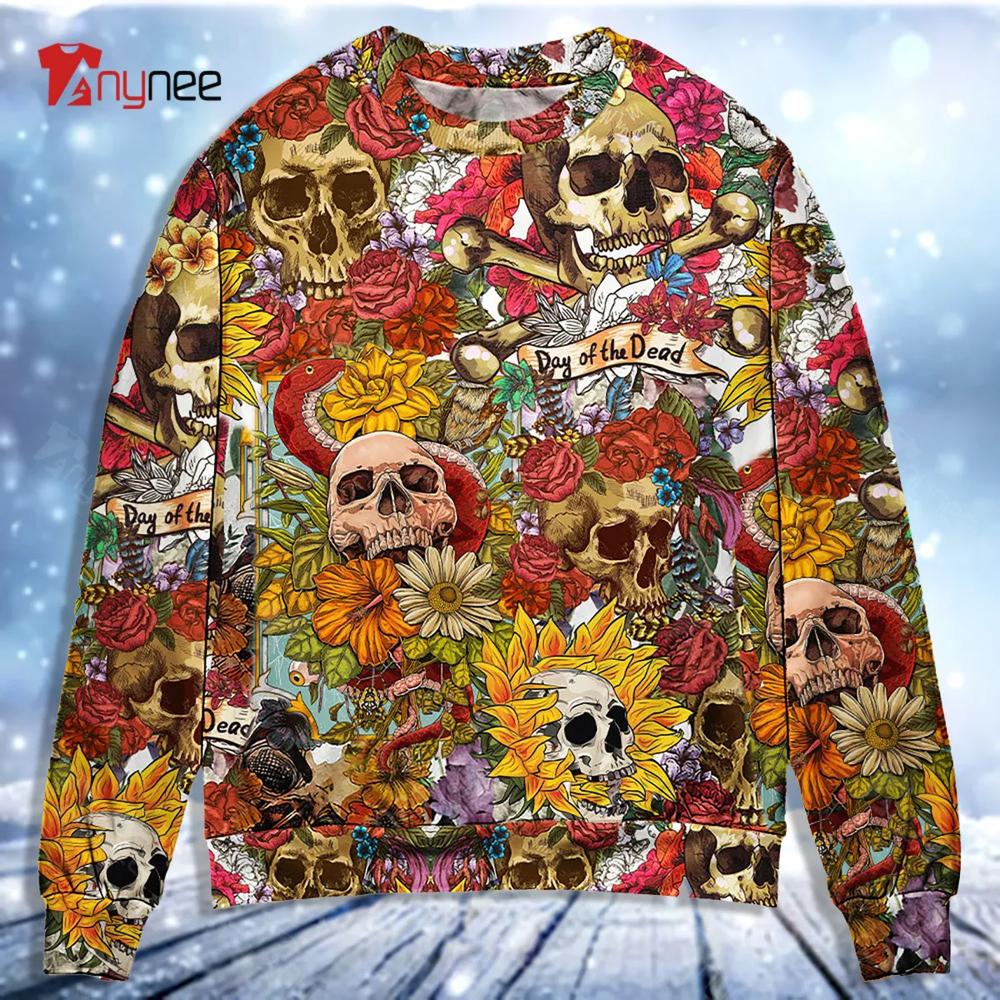 Skull Day Of The Dead Flower Skull Ugly Christmas Sweater- Best Christmas Gifts 2023