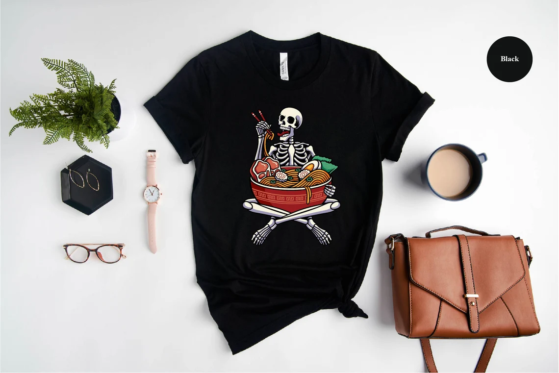 Skull Eating A Delicious Bowl Of Ramen Noodles T-Shirt