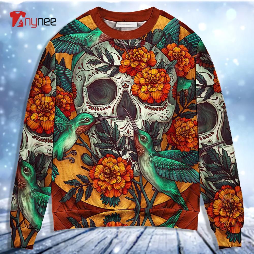 Skull Floral Skull Hummingbird Ugly Christmas Sweater- Best Christmas Gifts 2023