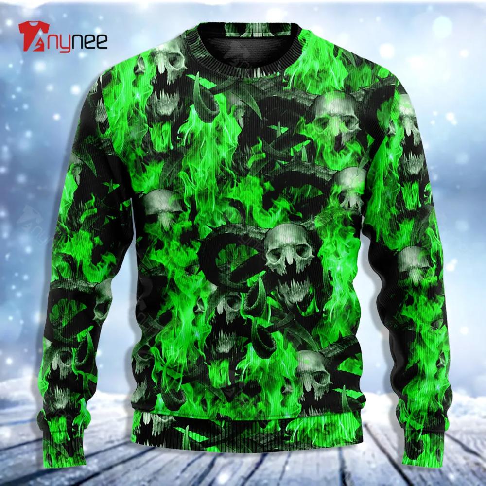 Skull Green Flame Burn Ugly Christmas Sweater- Best Christmas Gifts 2023