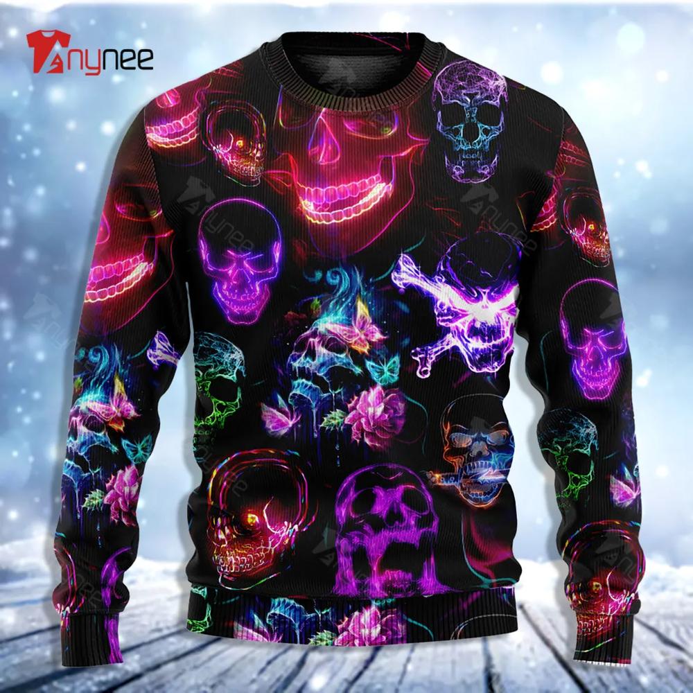 Skull Neon Art Happy Holiday Ugly Christmas Sweater- Best Christmas Gifts 2023