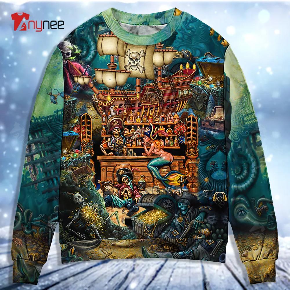 Skull Pirate Treasure Night On The Sea Style Ugly Christmas Sweater- Best Christmas Gifts 2023