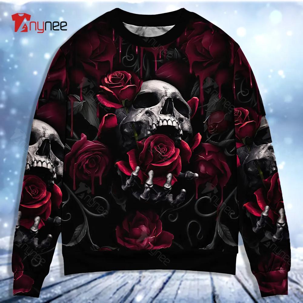 Skull Rose Blood Dark Screaming Ugly Christmas Sweater- Best Christmas Gifts 2023