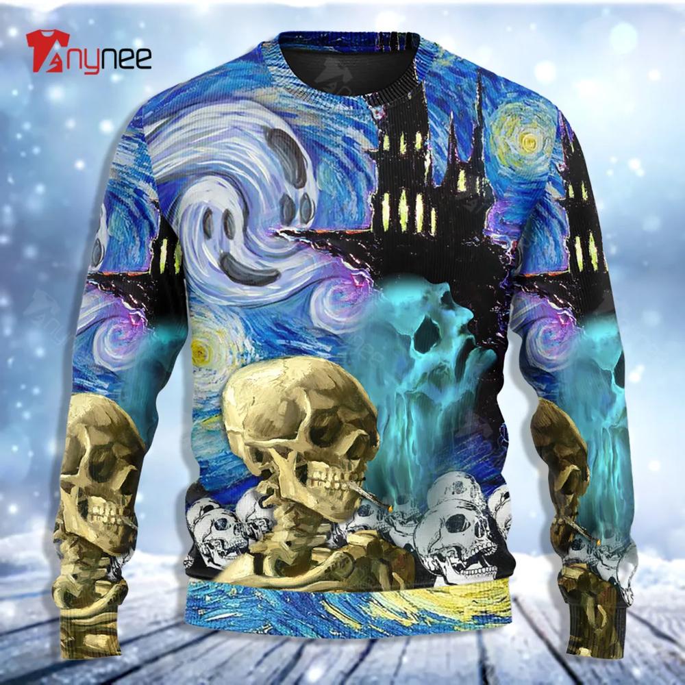 Skull Smoke Scream Starry Night Funny Boo Art Style Ugly Christmas Sweater- Best Christmas Gifts 2023