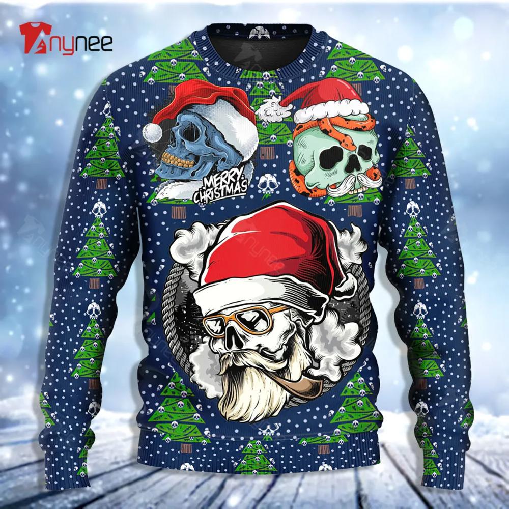 Skull With Santa Hat Merry Snow Ugly Christmas Sweater- Best Christmas Gifts 2023