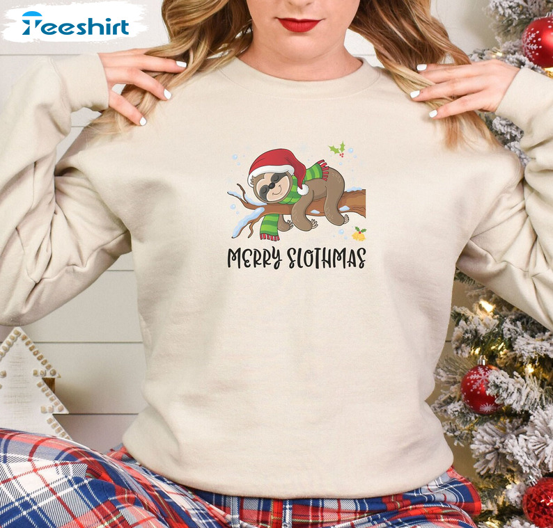 Sloth Christmas Sweatshirt, Merry Slothmas Sweater Short Sleeve