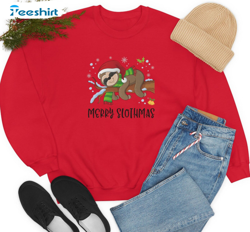 Sloth Christmas Sweatshirt, Merry Slothmas Sweater Short Sleeve