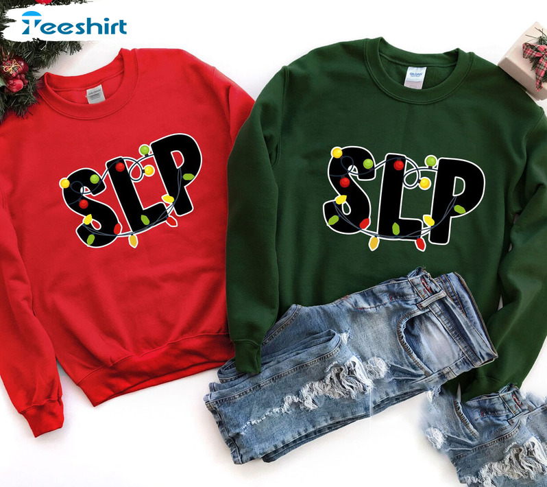 Slp Xmas Lights Shirt, Christmas Speech Language Pathologist Short Sleeve Crewneck