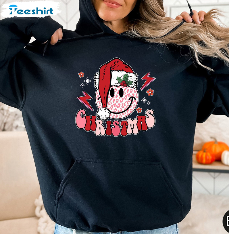 Smiley Face Christmas Sweatshirt, Happy New Year Unisex Hoodie Crewneck