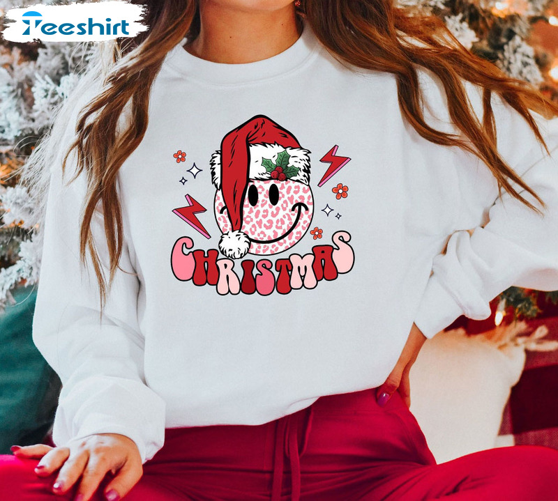 Smiley Face Christmas Sweatshirt, Happy New Year Unisex Hoodie Crewneck