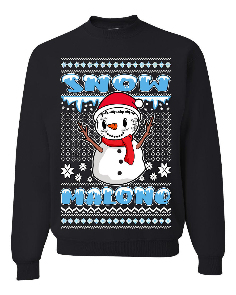 Snow Malone Snowman Face Tatoo Parody Ugly Christmas Sweater Unisex Crewneck Graphic Sweatshirt- Best Christmas Gifts 2023